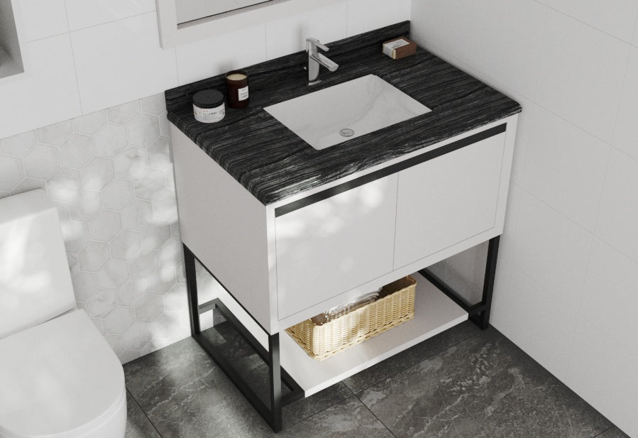 Laviva - Alto 36" White Bathroom Vanity with Black Wood Marble Countertop | 313SMR-36W-BW