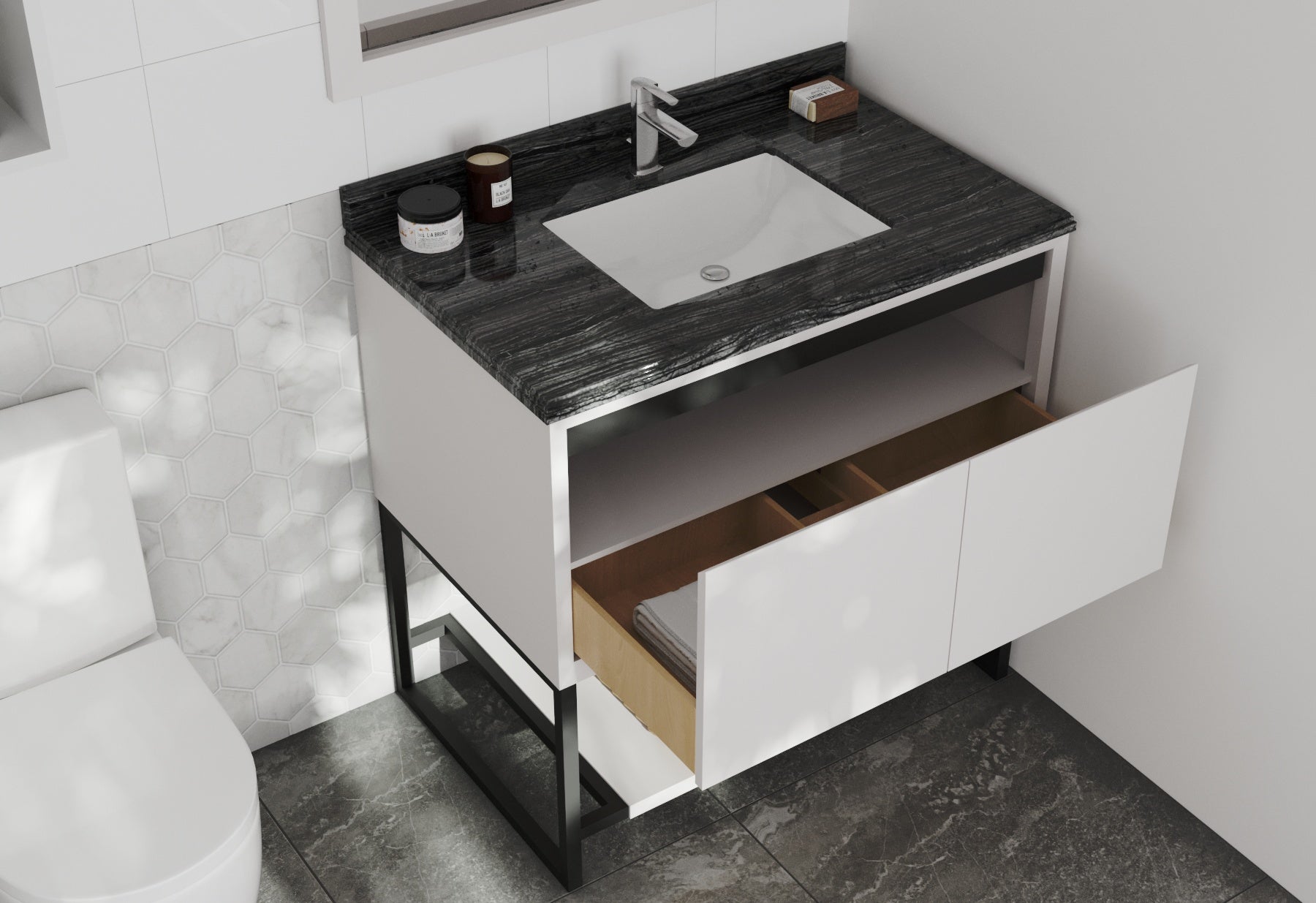 Laviva - Alto 36" White Bathroom Vanity with Black Wood Marble Countertop | 313SMR-36W-BW