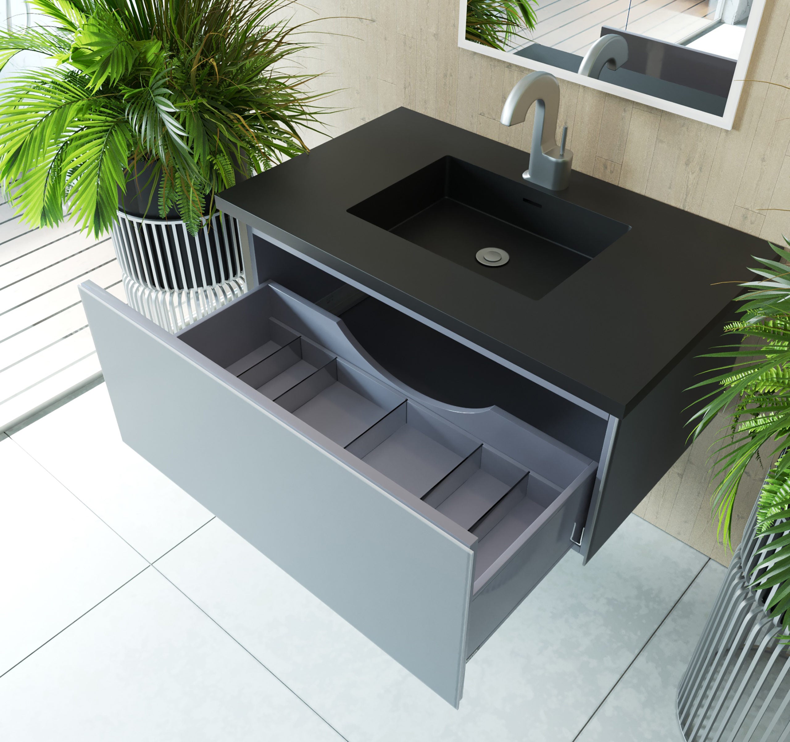 Laviva - Vitri 36" Fossil Grey Bathroom Vanity with VIVA Stone Matte Black Solid Surface Countertop | 313VTR-36FG-MB
