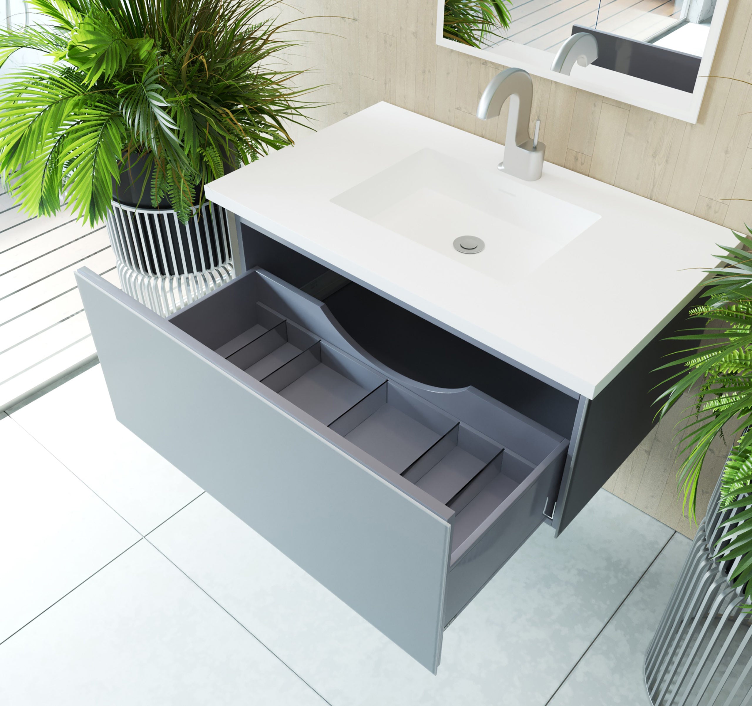Laviva - Vitri 36" Fossil Grey Bathroom Vanity with VIVA Stone Matte White Solid Surface Countertop | 313VTR-36FG-MW
