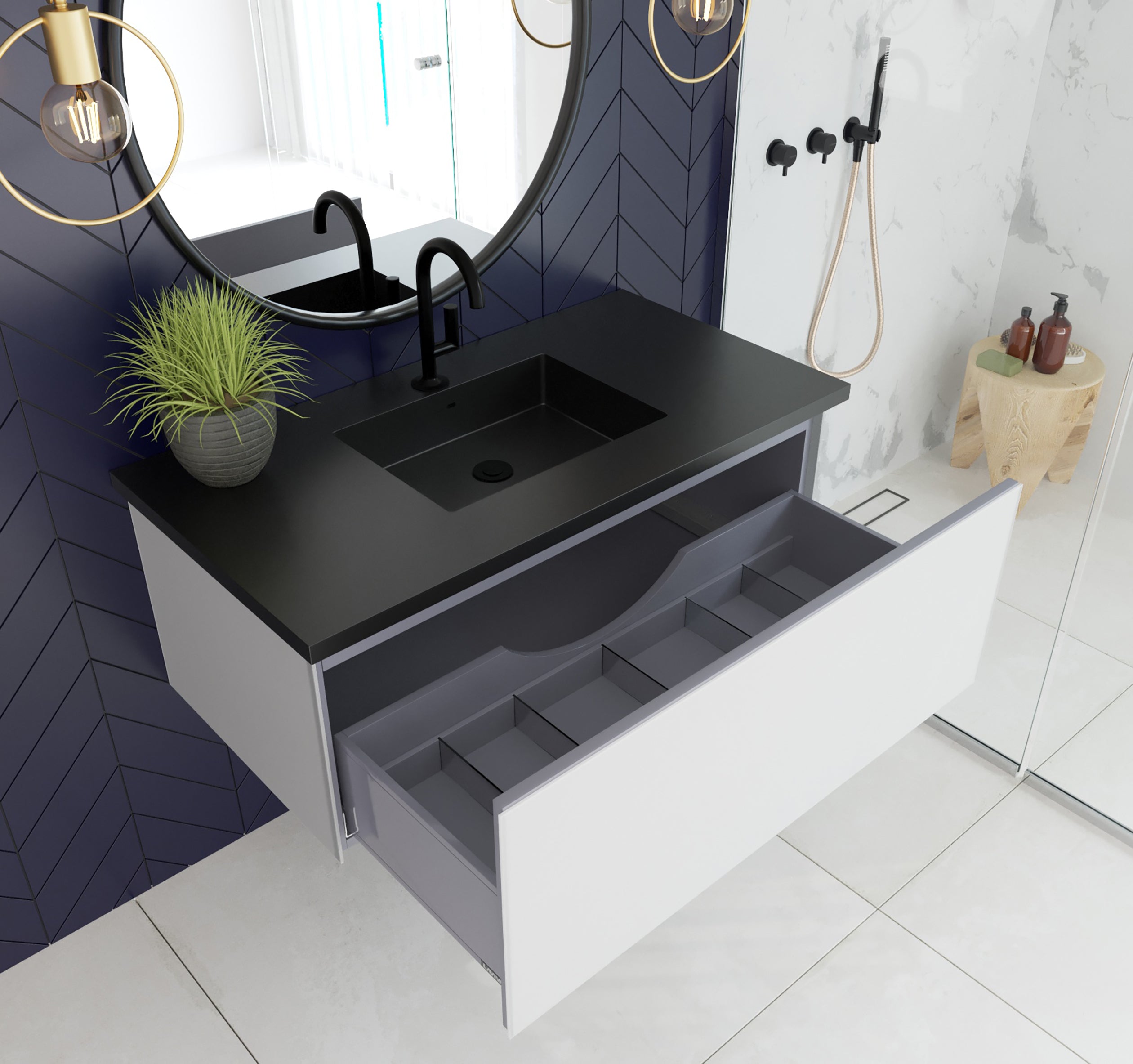 Laviva - Vitri 42" Cloud White Bathroom Vanity with VIVA Stone Matte Black Solid Surface Countertop | 313VTR-42CW-MB