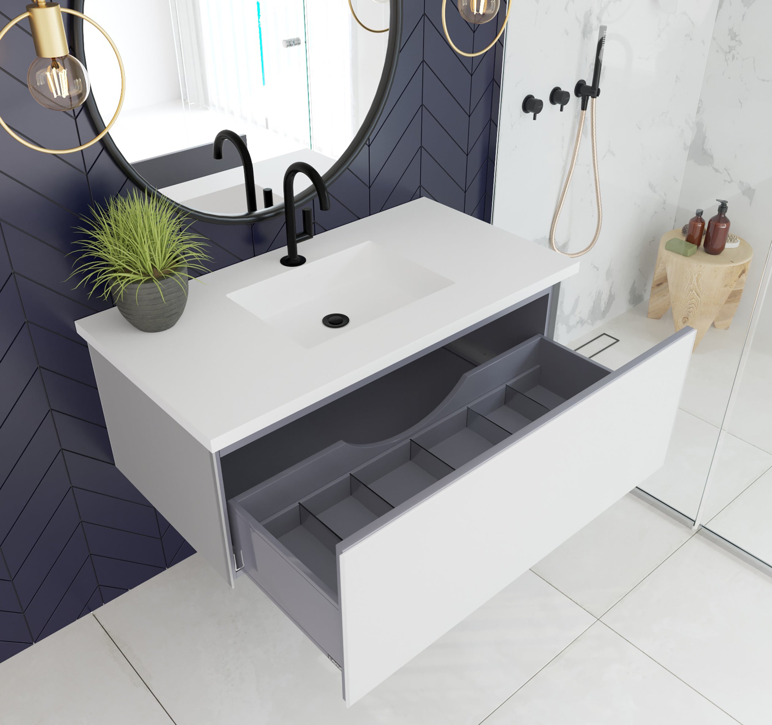 Laviva - Vitri 42" Cloud White Bathroom Vanity with VIVA Stone Matte White Solid Surface Countertop | 313VTR-42CW-MW