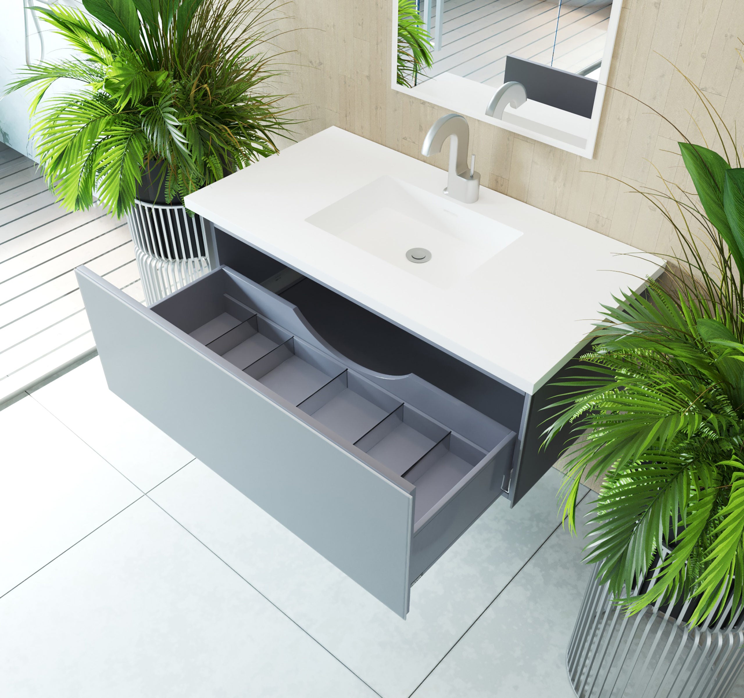 Laviva - Vitri 42" Fossil Grey Bathroom Vanity with VIVA Stone Matte White Solid Surface Countertop | 313VTR-42FG-MW