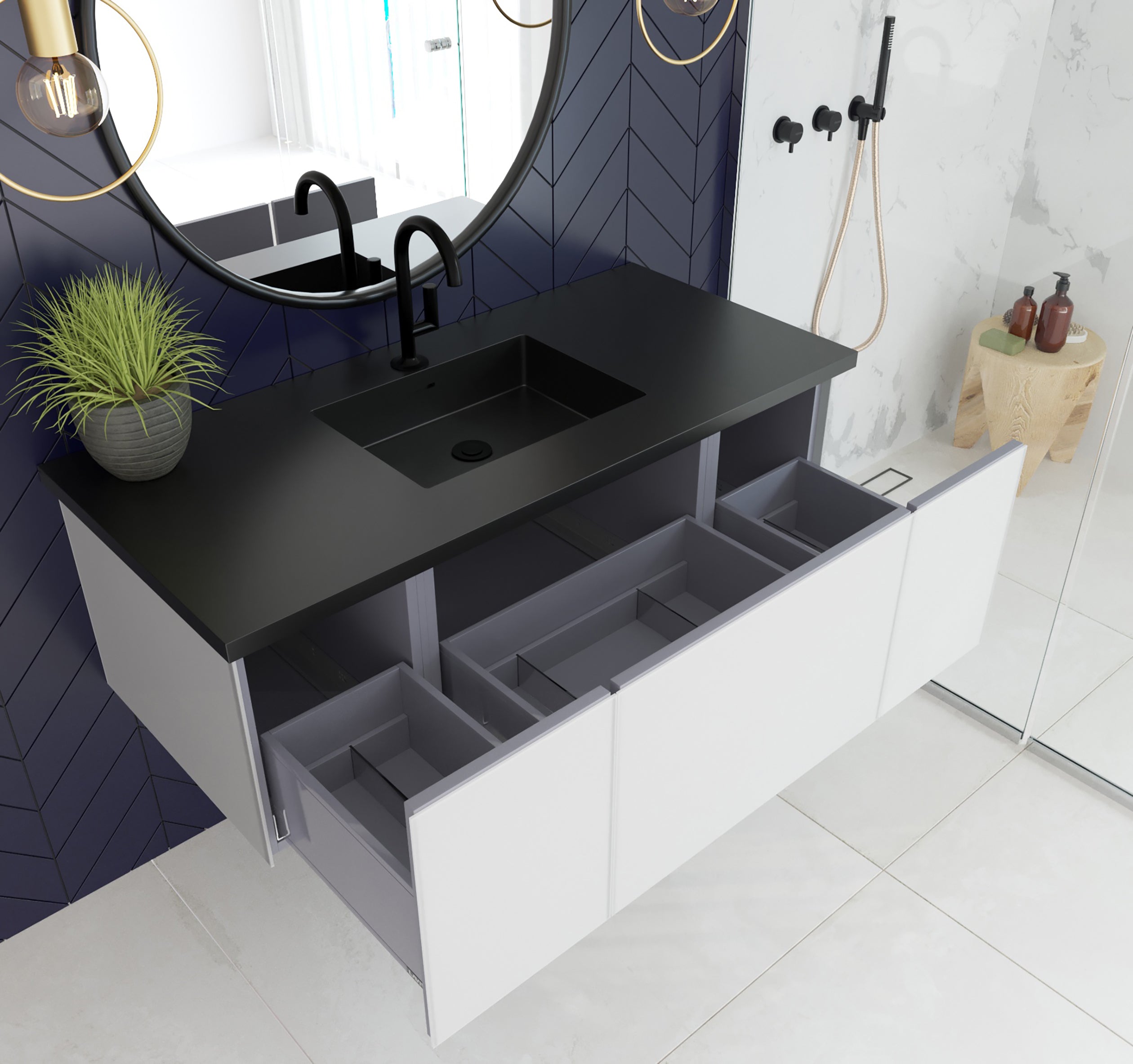 Laviva - Vitri 48" Cloud White Bathroom Vanity with VIVA Stone Matte Black Solid Surface Countertop | 313VTR-48CW-MB