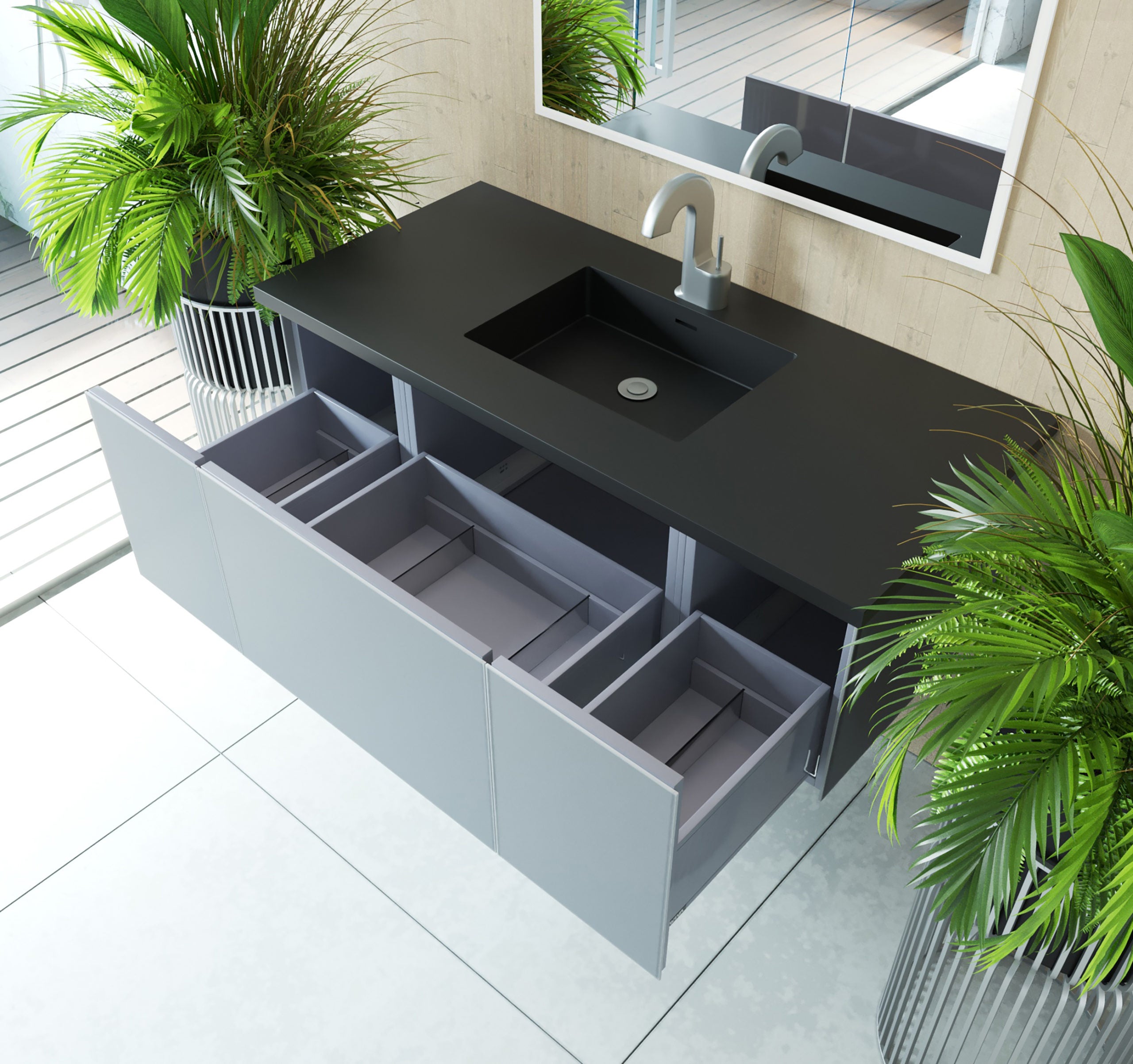Laviva - Vitri 48" Fossil Grey Bathroom Vanity with VIVA Stone Matte Black Solid Surface Countertop | 313VTR-48FG-MB