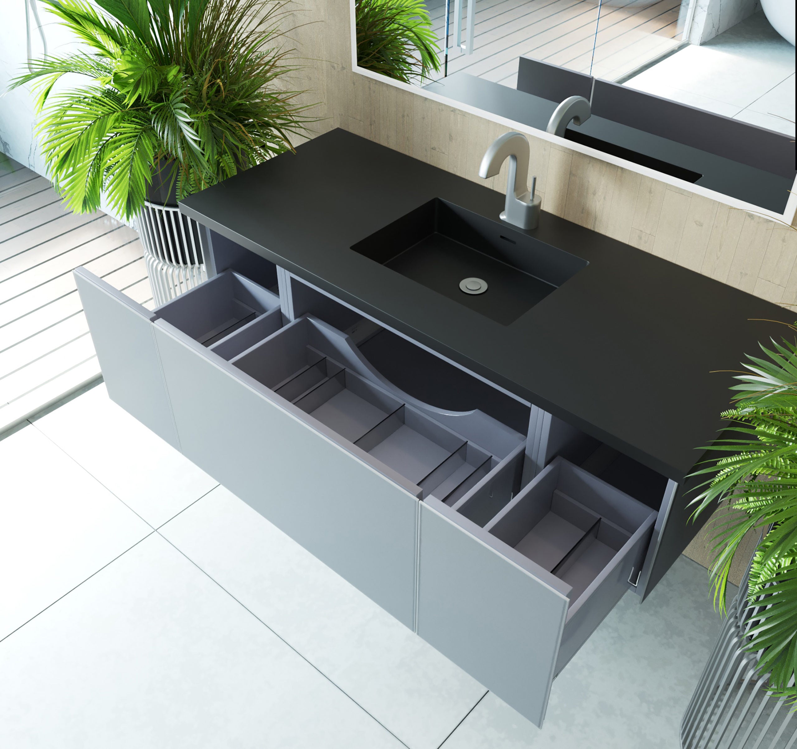Laviva - Vitri 54" Fossil Grey Bathroom Vanity with VIVA Stone Matte Black Solid Surface Countertop | 313VTR-54FG-MB