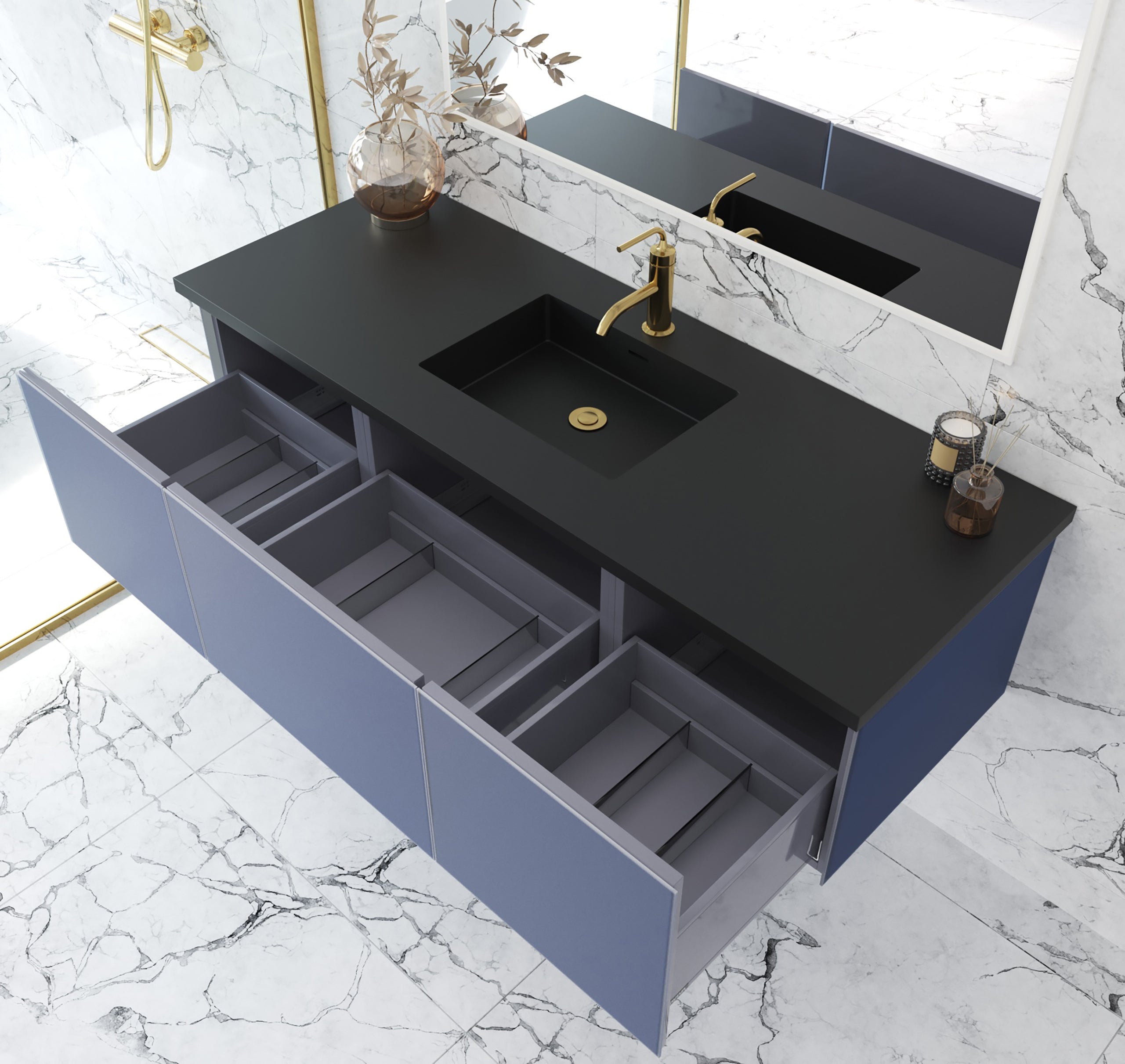 Laviva - Vitri 60" Nautical Blue Single Sink Bathroom Vanity with VIVA Stone Matte Black Solid Surface Countertop | 313VTR-60CNB-MB