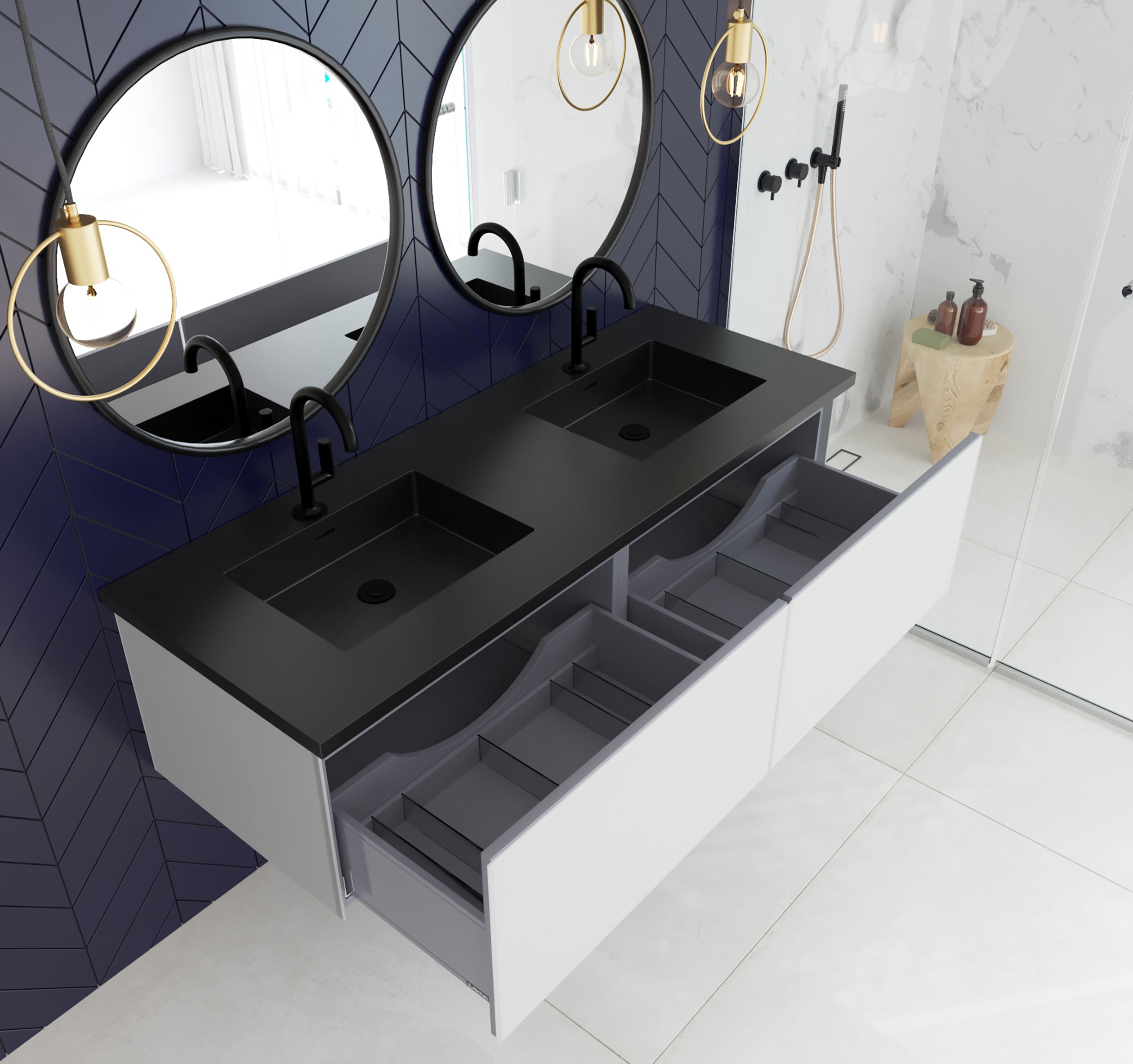 Laviva - Vitri 60" Cloud White Double Sink Bathroom Vanity with VIVA Stone Matte Black Solid Surface Countertop | 313VTR-60DCW-MB