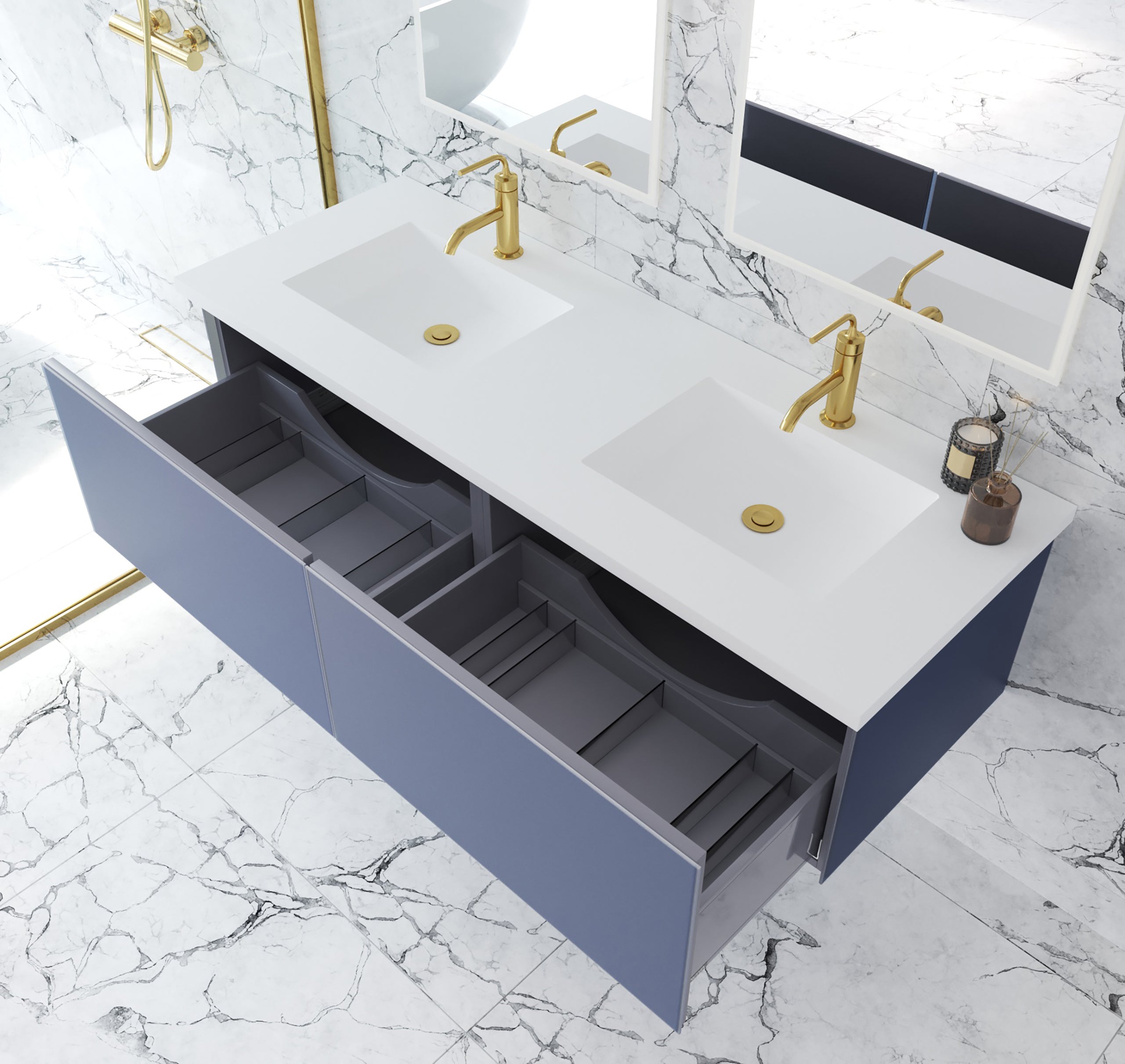 Laviva - Vitri 60" Nautical Blue Double Sink Bathroom Vanity with VIVA Stone Matte White Solid Surface Countertop | 313VTR-60DNB-MW
