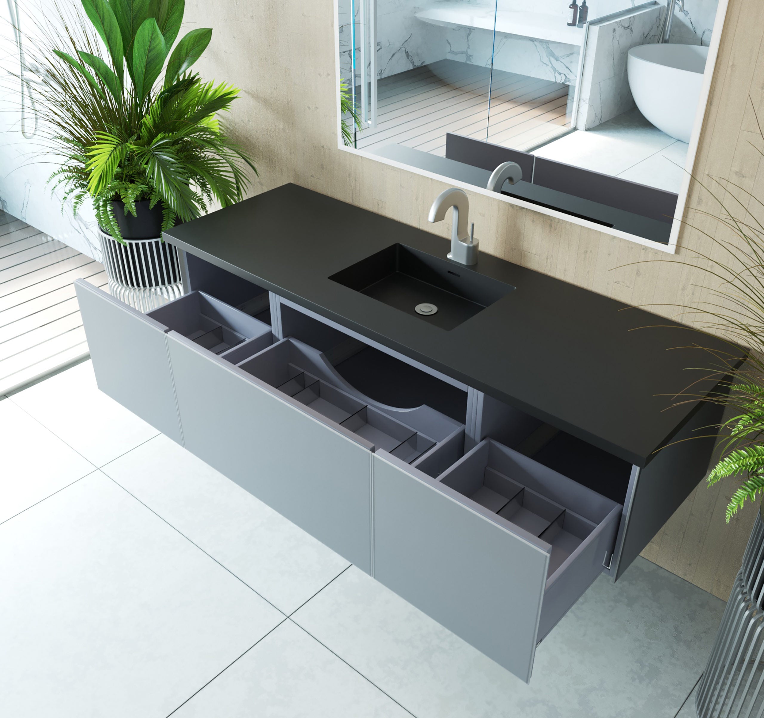 Laviva - Vitri 66" Fossil Grey Single Sink Bathroom Vanity with VIVA Stone Matte Black Solid Surface Countertop | 313VTR-66FG-MB