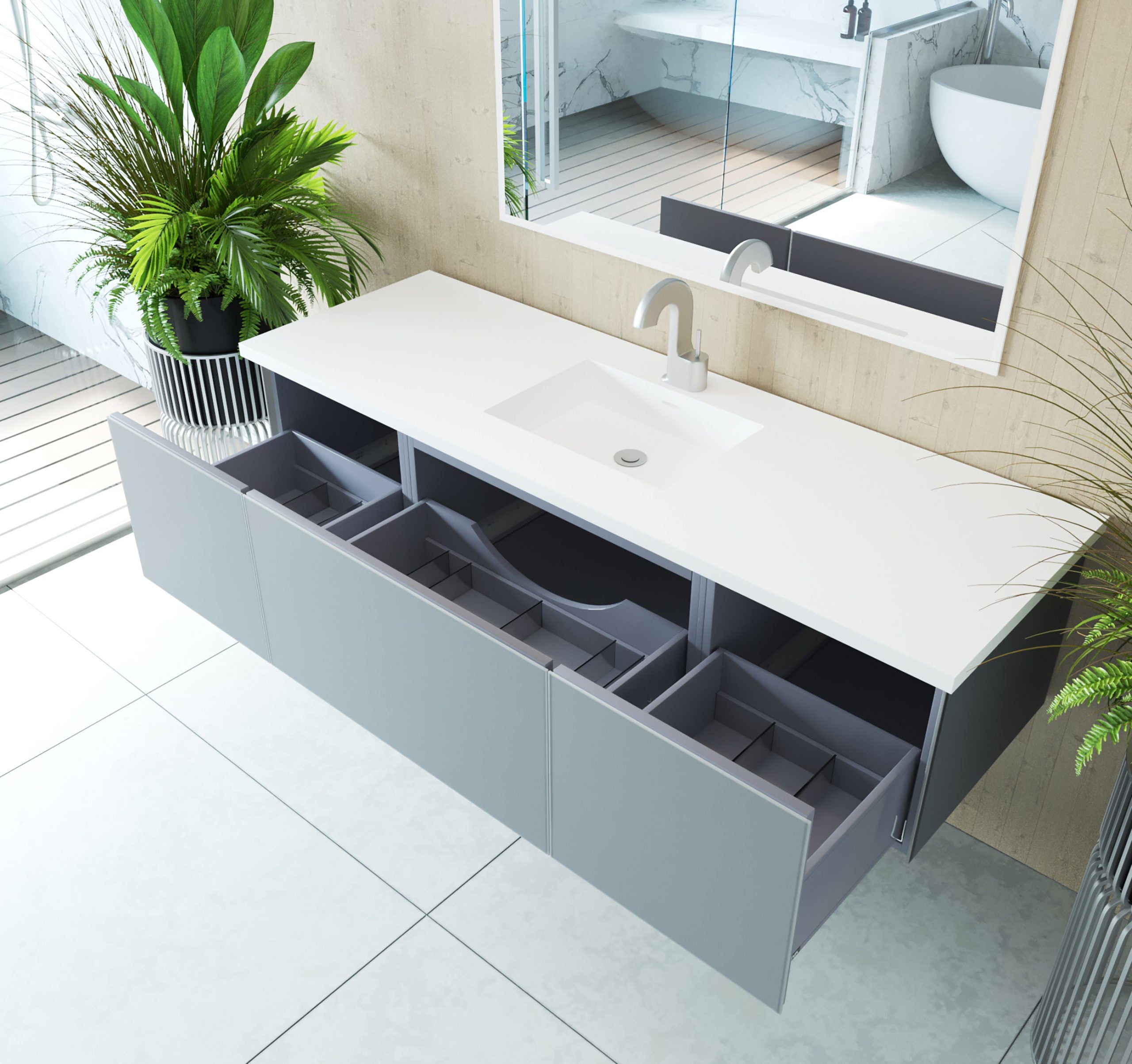 Laviva - Vitri 66" Fossil Grey Single Sink Bathroom Vanity with VIVA Stone Matte White Solid Surface Countertop | 313VTR-66FG-MW