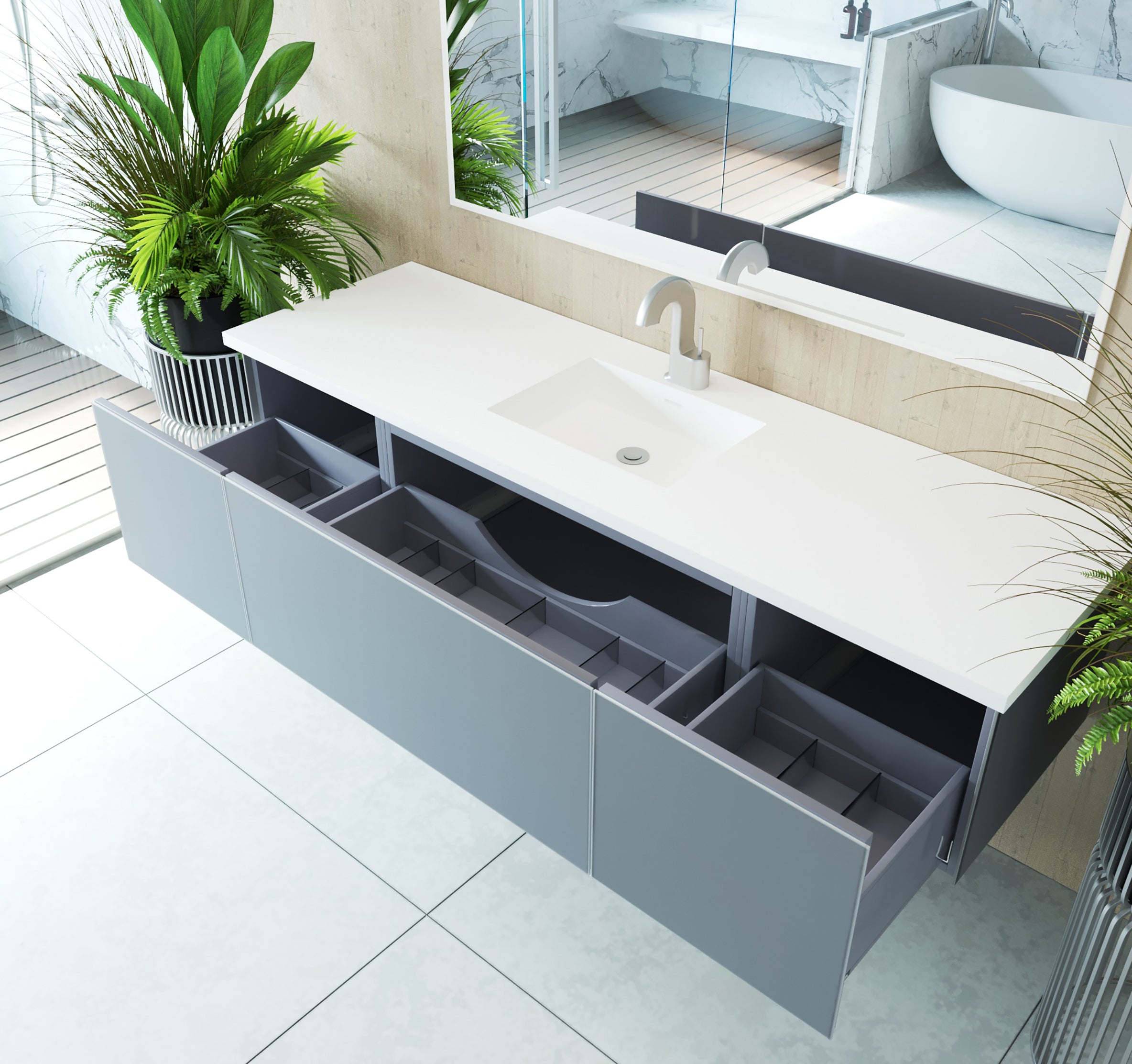 Laviva - Vitri 72" Fossil Grey Single Sink Bathroom Vanity with VIVA Stone Matte White Solid Surface Countertop | 313VTR-72CFG-MW