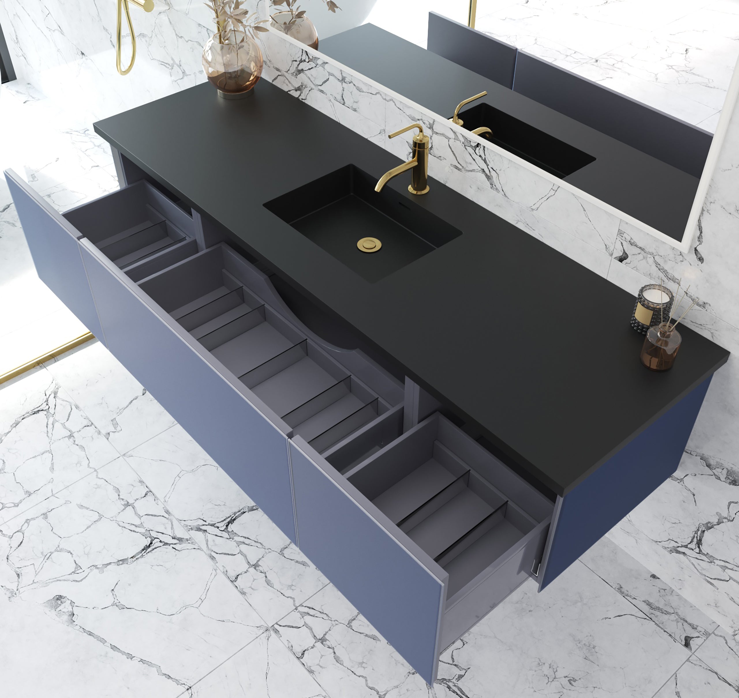 Laviva - Vitri 72" Nautical Blue Single Sink Bathroom Vanity with VIVA Stone Matte Black Solid Surface Countertop | 313VTR-72CNB-MB