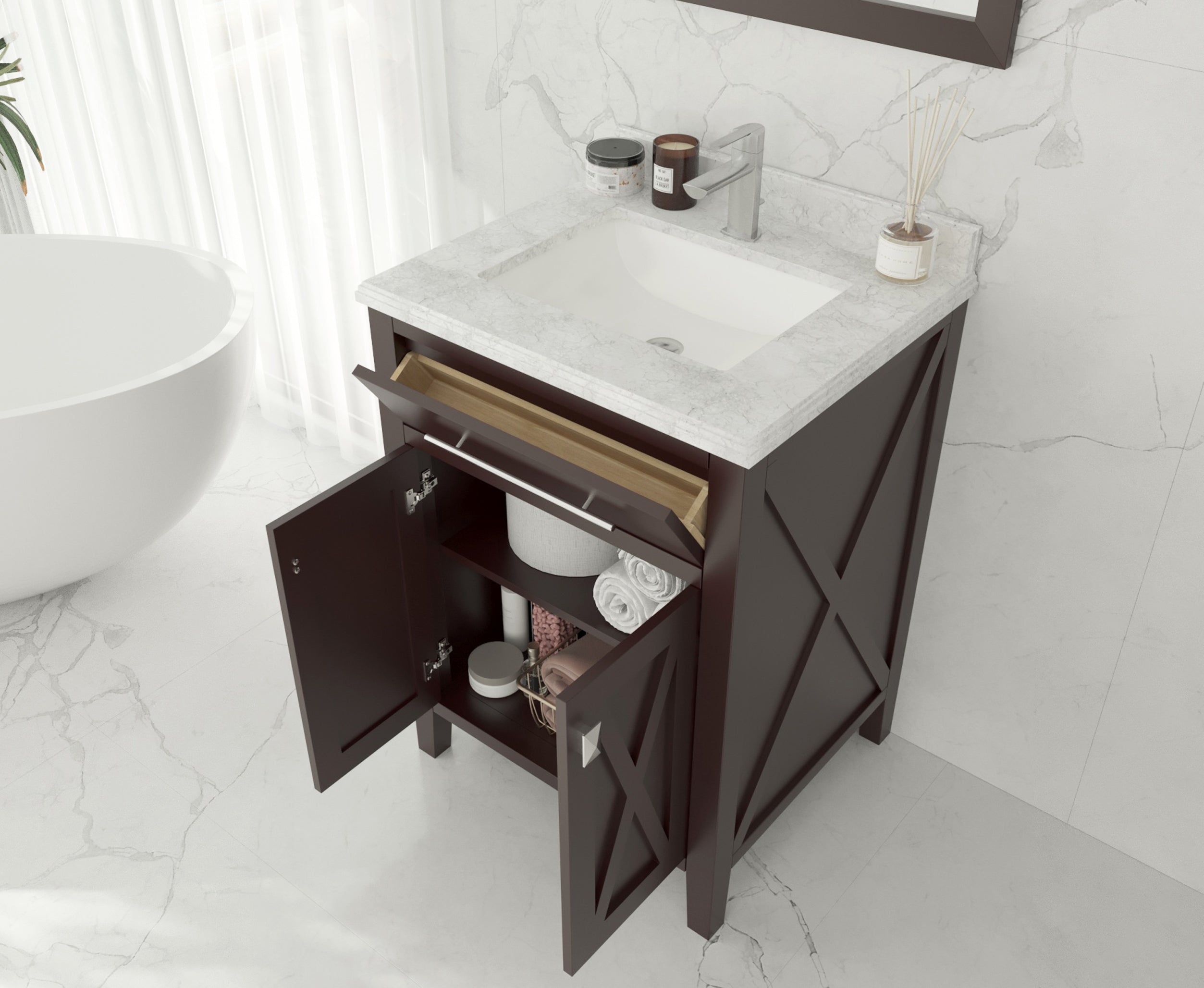 Laviva - Wimbledon 24" Brown Bathroom Vanity with Matte White VIVA Stone Solid Surface Countertop | 313YG319-24B-MW