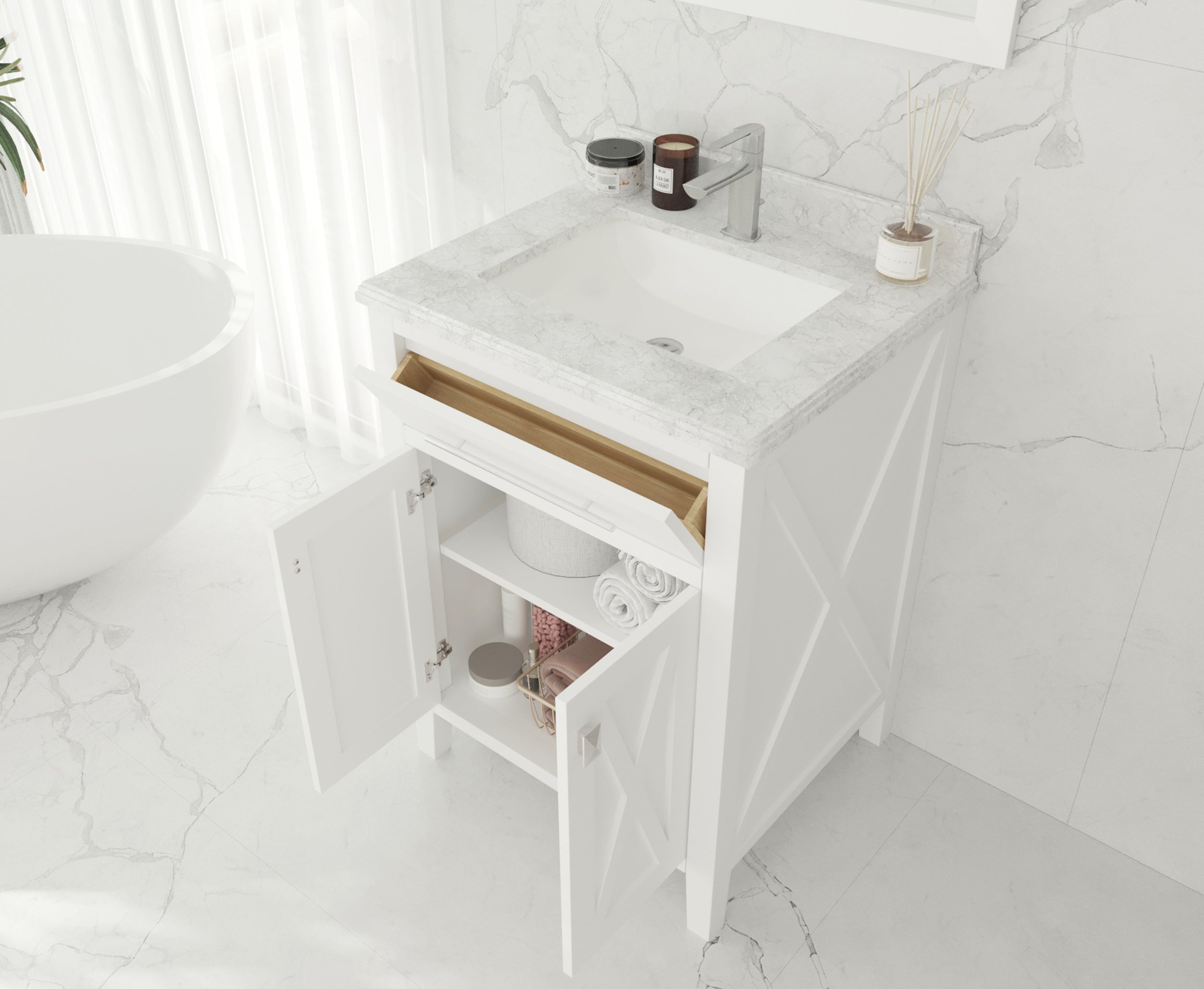 Laviva - Wimbledon 24" White Bathroom Vanity with White Stripes Marble Countertop | 313YG319-24W-WS