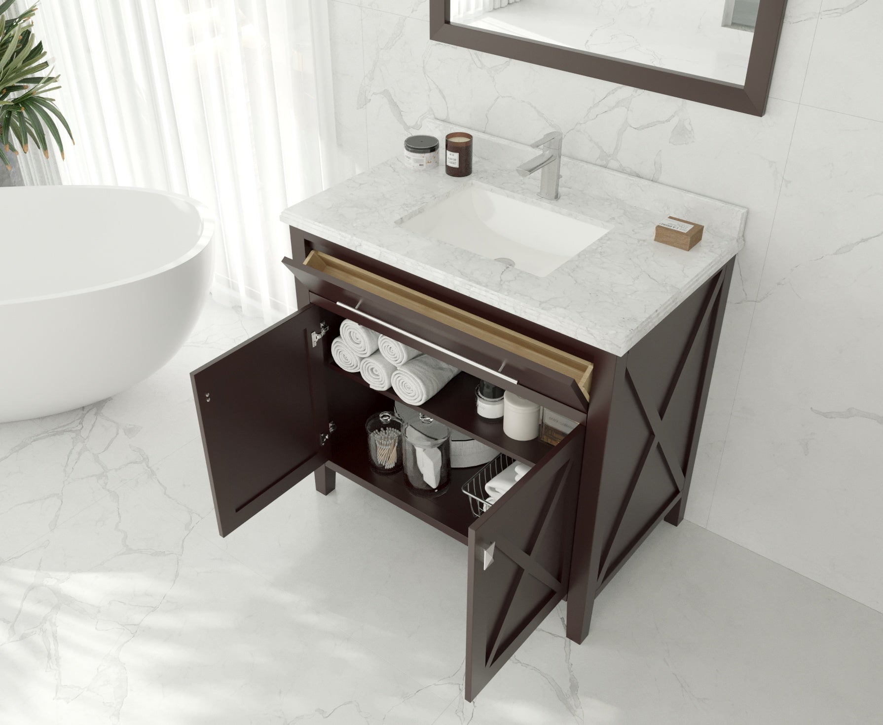 Laviva - Wimbledon 36" Brown Bathroom Vanity with Matte Black VIVA Stone Solid Surface Countertop | 313YG319-36B-MB