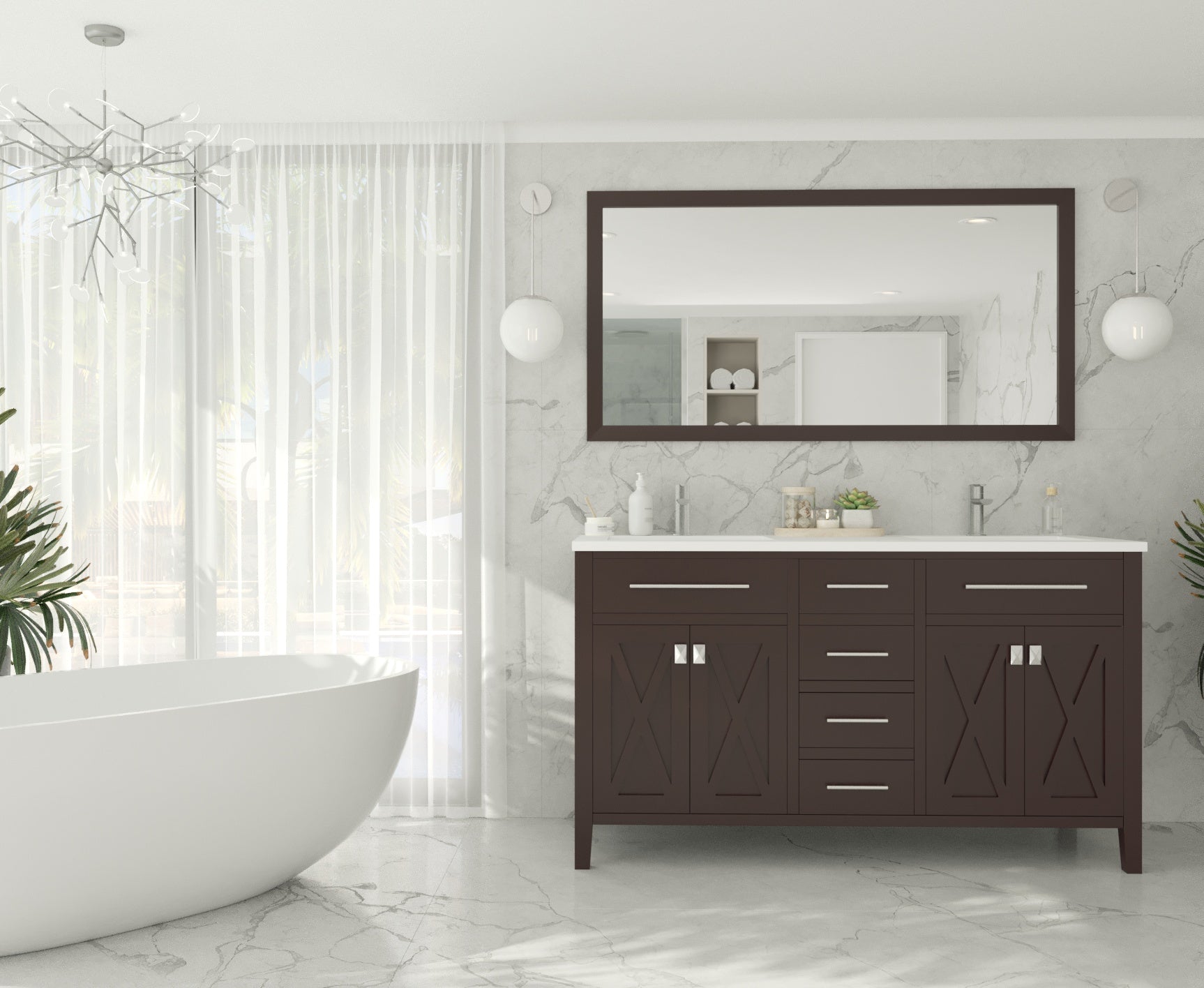 Laviva - Wimbledon 60" Brown Double Sink Bathroom Vanity with Matte White VIVA Stone Solid Surface Countertop | 313YG319-60B-MW