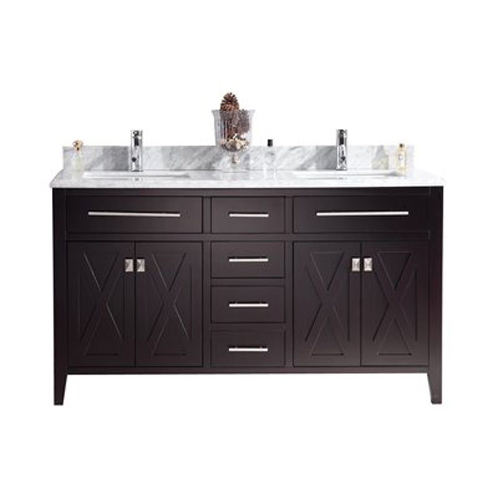 Laviva - Wimbledon 60" Brown Double Sink Bathroom Vanity with White Carrara Marble Countertop | 313YG319-60B-WC