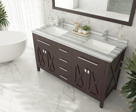 Laviva - Wimbledon 60" Brown Double Sink Bathroom Vanity with White Stripes Marble Countertop | 313YG319-60B-WS