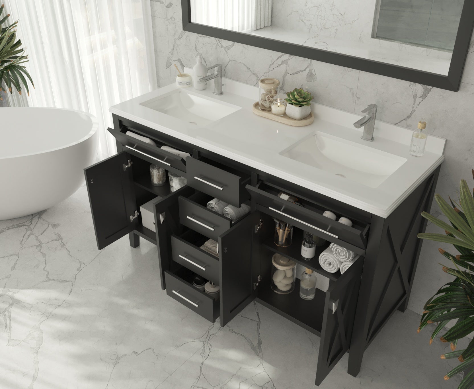 Laviva - Wimbledon 60" Espresso Double Sink Bathroom Vanity with Black Wood Marble Countertop | 313YG319-60E-BW