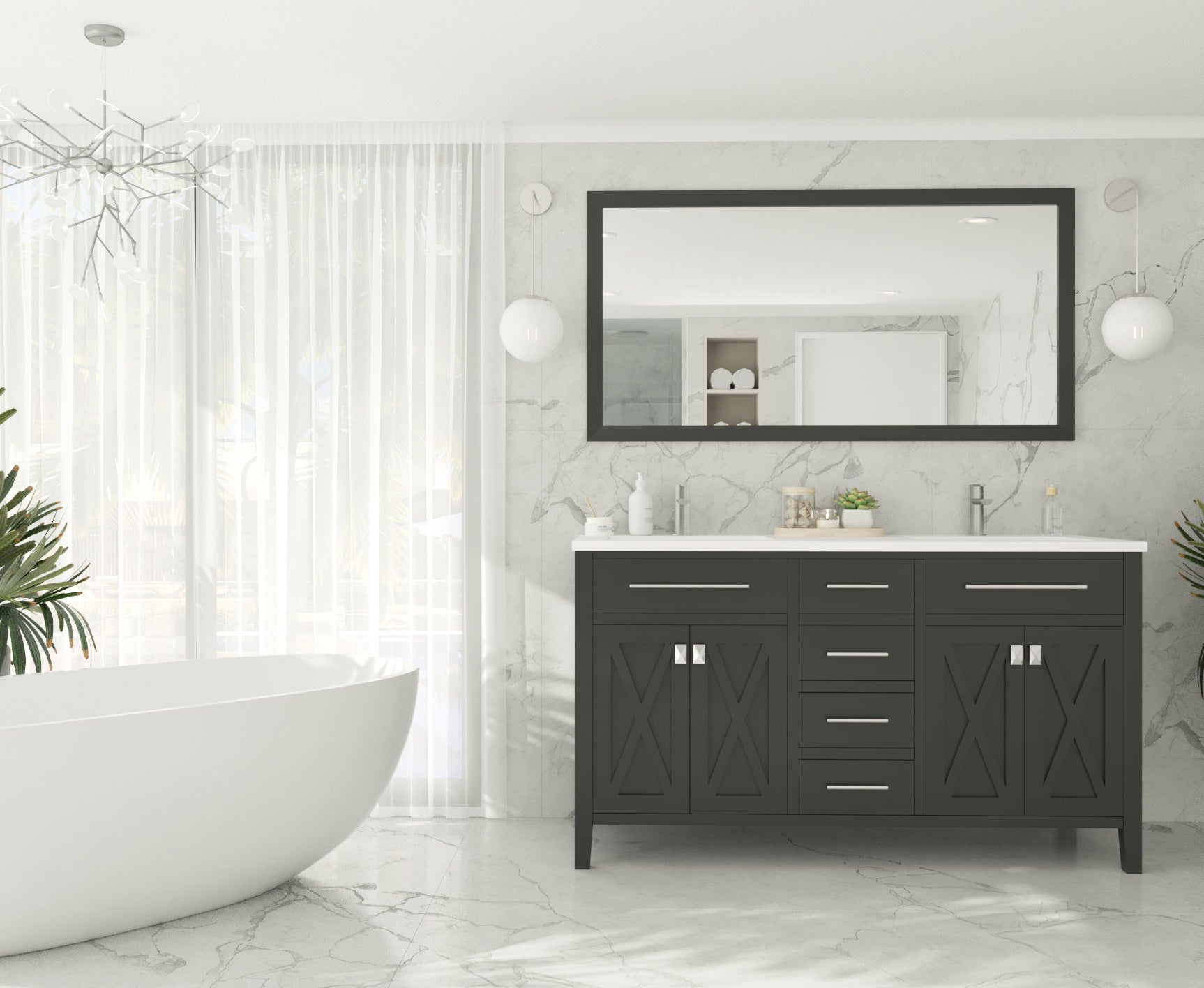 Laviva - Wimbledon 60" Espresso Double Sink Bathroom Vanity with Matte White VIVA Stone Solid Surface Countertop | 313YG319-60E-MW
