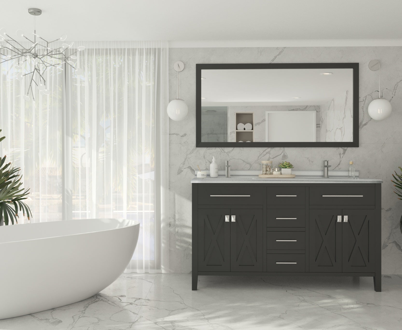Laviva - Wimbledon 60" Espresso Double Sink Bathroom Vanity with White Stripes Marble Countertop | 313YG319-60E-WS