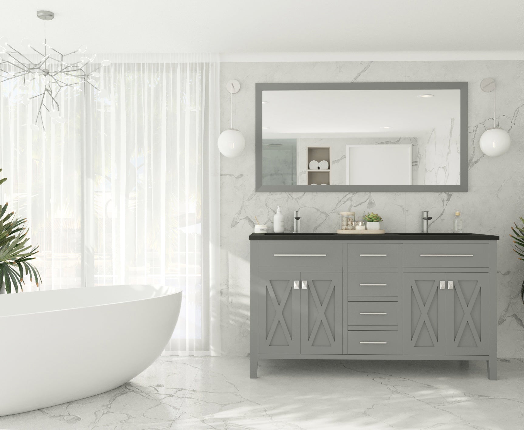Laviva - Wimbledon 60" Grey Double Sink Bathroom Vanity with Matte Black VIVA Stone Solid Surface Countertop | 313YG319-60G-MB