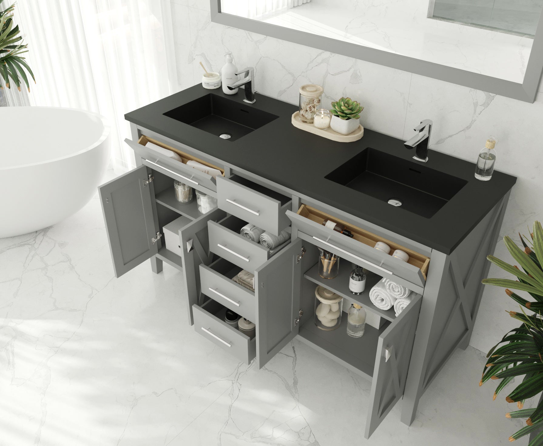Laviva - Wimbledon 60" Grey Double Sink Bathroom Vanity with Matte Black VIVA Stone Solid Surface Countertop | 313YG319-60G-MB