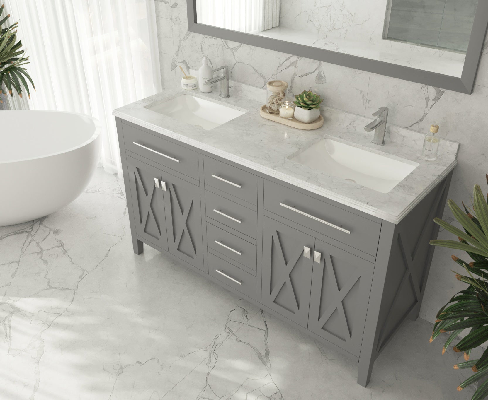 Laviva - Wimbledon 60" Grey Double Sink Bathroom Vanity with White Carrara Marble Countertop | 313YG319-60G-WC