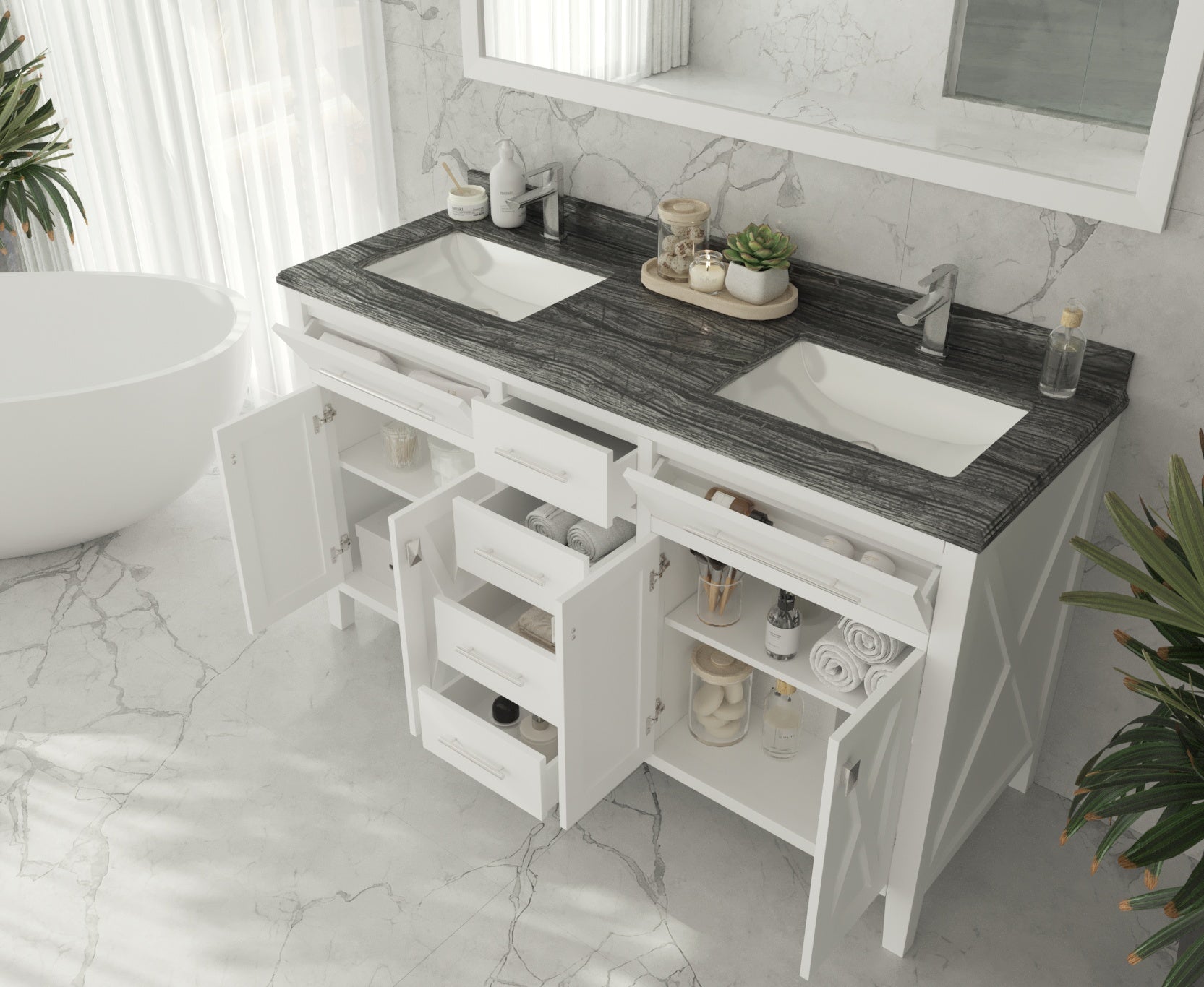 Laviva - Wimbledon 60" White Double Sink Bathroom Vanity with Black Wood Marble Countertop | 313YG319-60W-BW