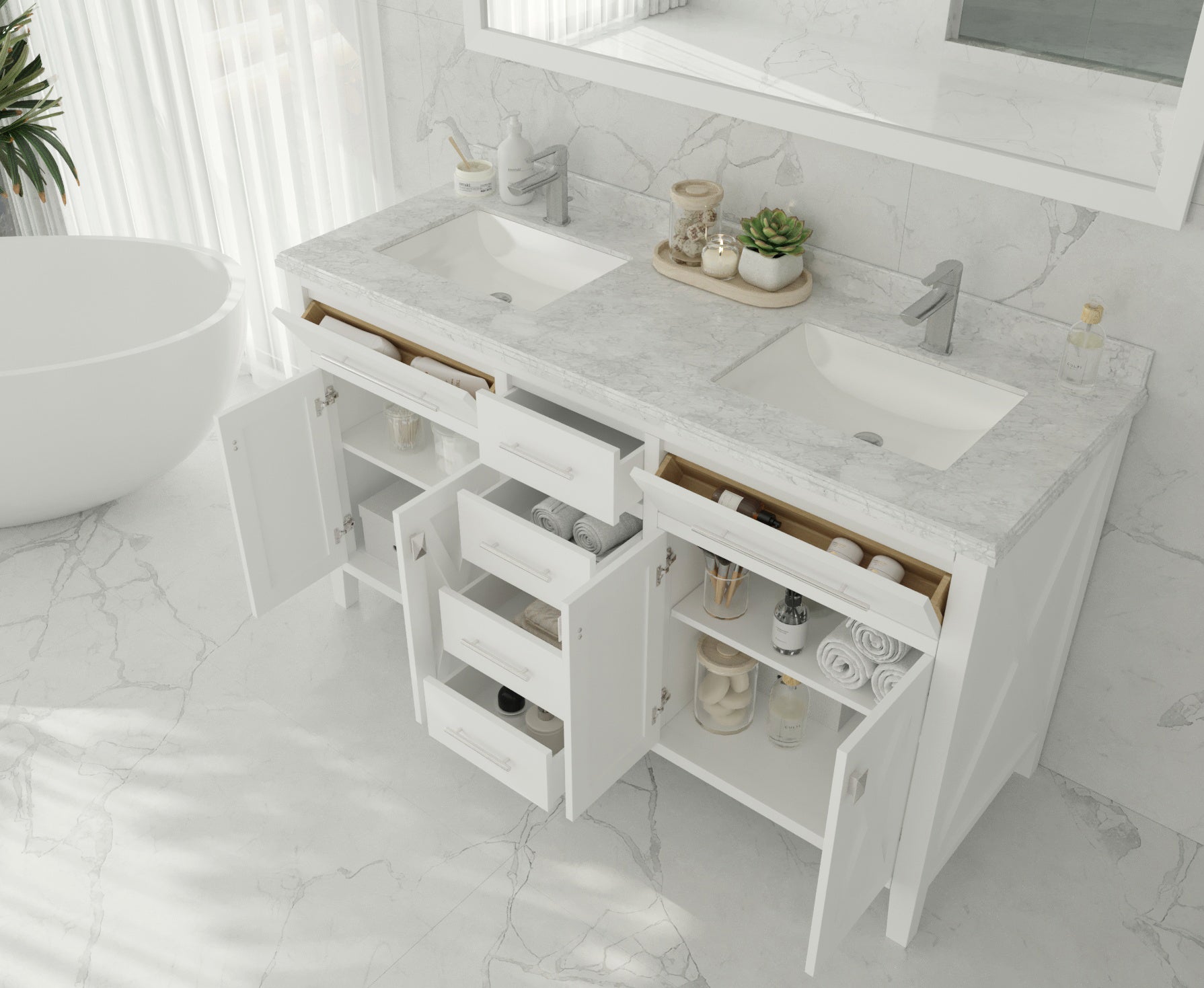 Laviva - Wimbledon 60" White Double Sink Bathroom Vanity with White Stripes Marble Countertop | 313YG319-60W-WS