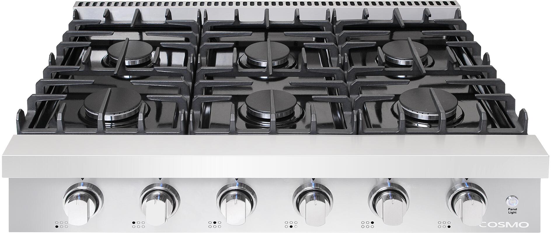 Cosmo - 36 in. Slide-In Counter Gas Cooktop with 6 Sealed Italian Burners, Black Porcelain Surface, Cast Iron Grates, Metal Knobs in Stainless Steel | COS-GRT366