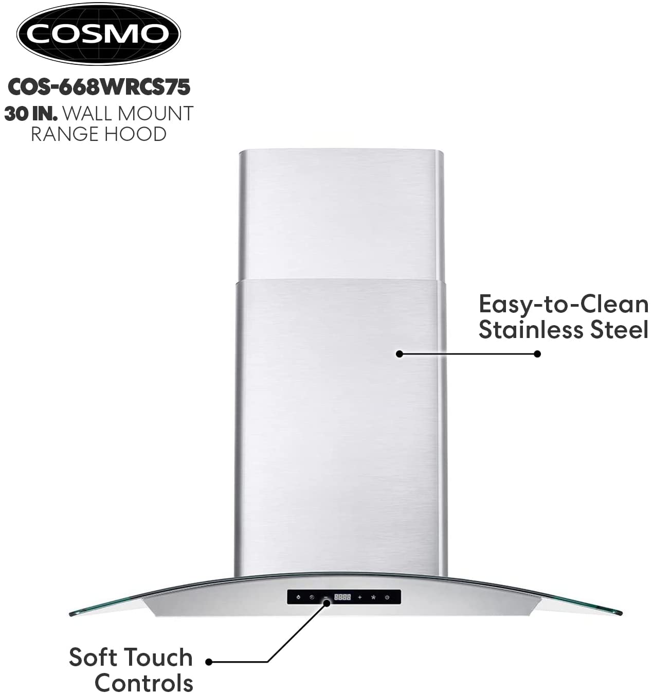 Cosmo - 30 in. Ductless Wall Mount Range Hood in Stainless Steel with Soft Touch Controls, LED Lighting and Carbon Filter Kit for Recirculating | COS-668WRCS75-DL