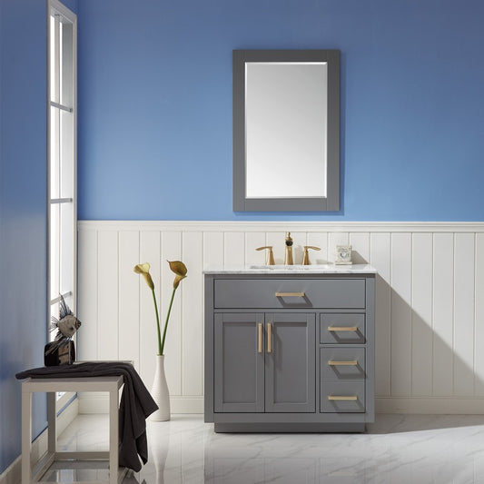 Altair - Ivy 36" Single Bathroom Vanity Set in Gray/Royal Blue/White and Carrara White Marble Countertop with Mirror | 531036-XX-CA