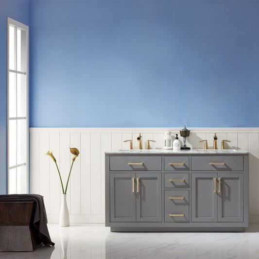 Altair - Ivy 60" Double Bathroom Vanity Set in Gray/Royal Blue/White and Carrara White Marble Countertop without Mirror | 531060-XX-CA-NM