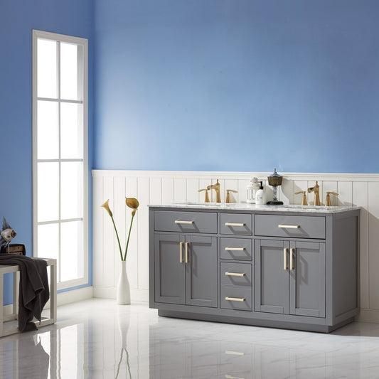 Altair - Ivy 60" Double Bathroom Vanity Set in Gray/Royal Blue/White and Carrara White Marble Countertop without Mirror | 531060-XX-CA-NM