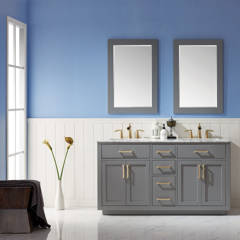 Altair - Ivy 60" Double Bathroom Vanity Set in Gray/Royal Blue/White and Carrara White Marble Countertop with Mirror | 531060-XX-CA