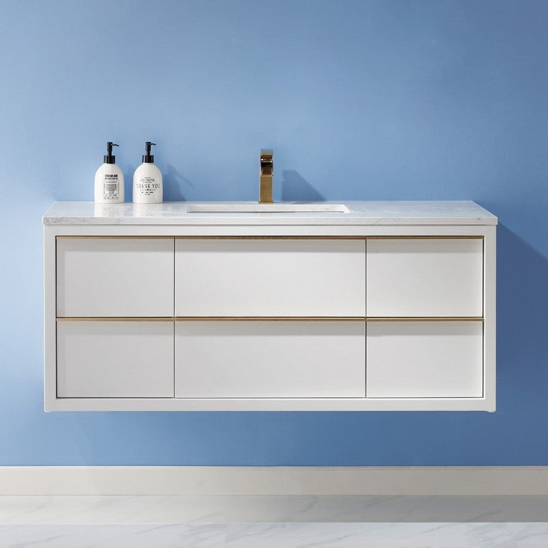 Altair - Morgan 48" Single Bathroom Vanity Set in White and Composite Carrara White Stone Countertop without Mirror | 534048-WH-AW-NM