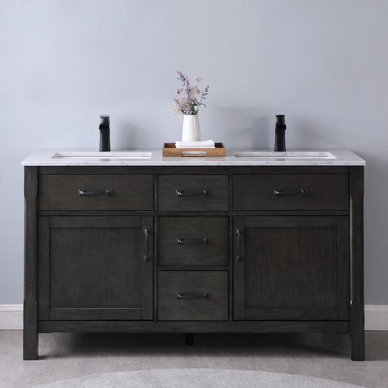 Altair - Maribella 60" Double Bathroom Vanity Set in Rust Black/White and Carrara White Marble Countertop without Mirror | 535060-XX-CA-NM
