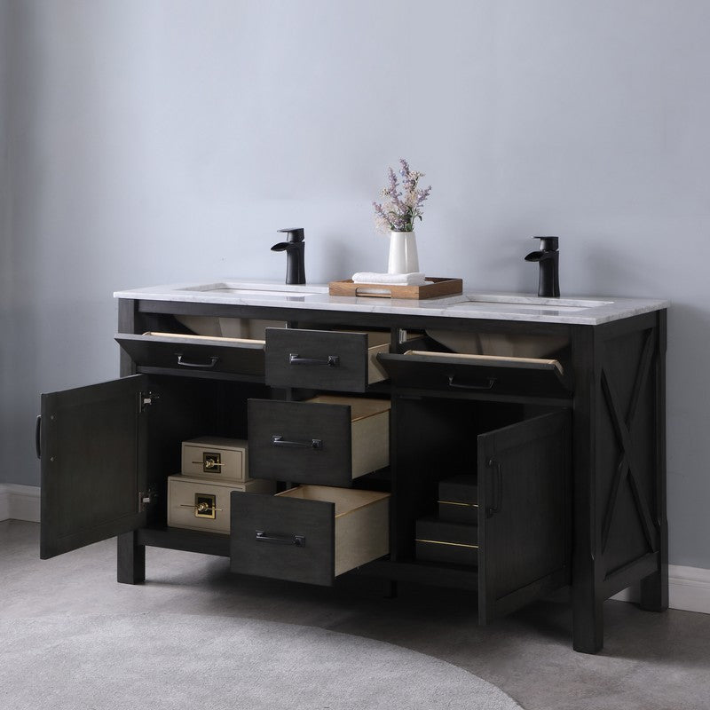 Altair - Maribella 60" Double Bathroom Vanity Set in Rust Black/White and Carrara White Marble Countertop without Mirror | 535060-XX-CA-NM