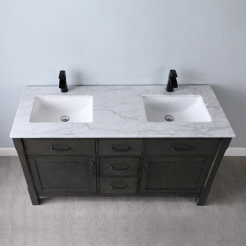 Altair - Maribella 60" Double Bathroom Vanity Set in Rust Black/White and Carrara White Marble Countertop without Mirror | 535060-XX-CA-NM