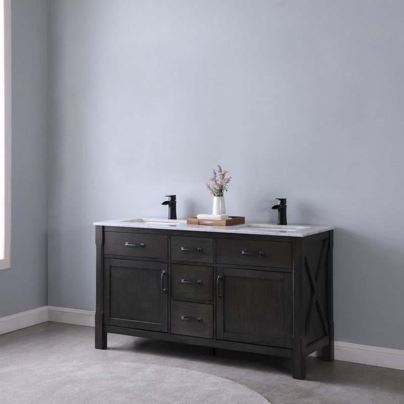 Altair - Maribella 60" Double Bathroom Vanity Set in Rust Black/White and Carrara White Marble Countertop without Mirror | 535060-XX-CA-NM
