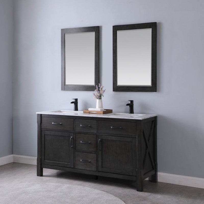 Altair - Maribella 60" Double Bathroom Vanity Set in Black/White and Carrara White Marble Countertop with Mirror | 535060-XX-CA