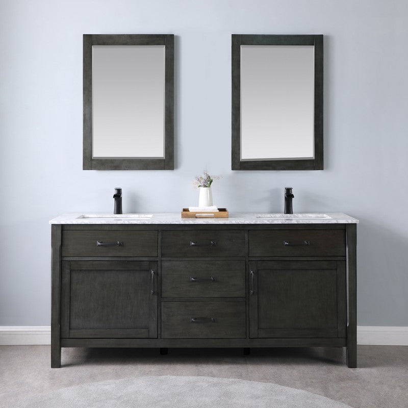 Altair - Maribella 72" Double Bathroom Vanity Set in Black/White and Carrara White Marble Countertop with Mirror | 535072-XX-CA