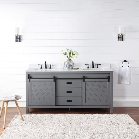 Altair - Kinsley 72" Double Bathroom Vanity Set in Gray and Composite Carrara White Stone Countertop without Mirror | 536072-GR-AW-NM