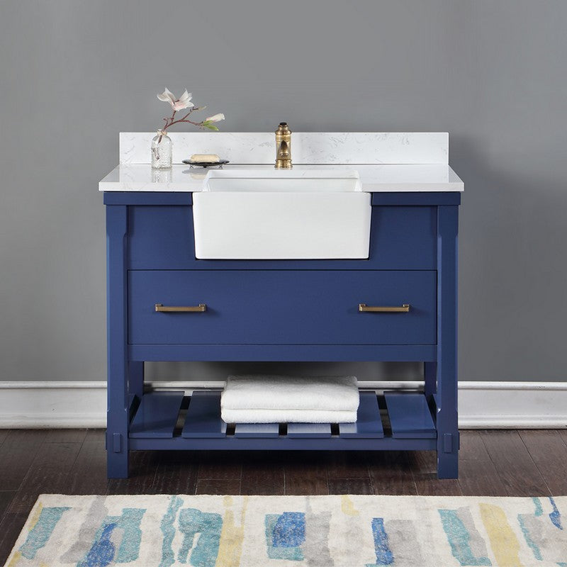 Altair - Georgia 42" Single Bathroom Vanity Set in Jewelry Blue and Composite Carrara White Stone Top with White Farmhouse Basin without Mirror | 537042-JB-AW-NM