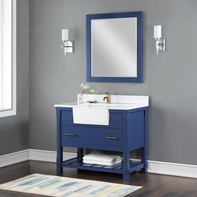 Altair - Georgia 42" Single Bathroom Vanity Set in Jewelry Blue and Composite Carrara White Stone Top with White Farmhouse Basin with Mirror | 537042-JB-AW