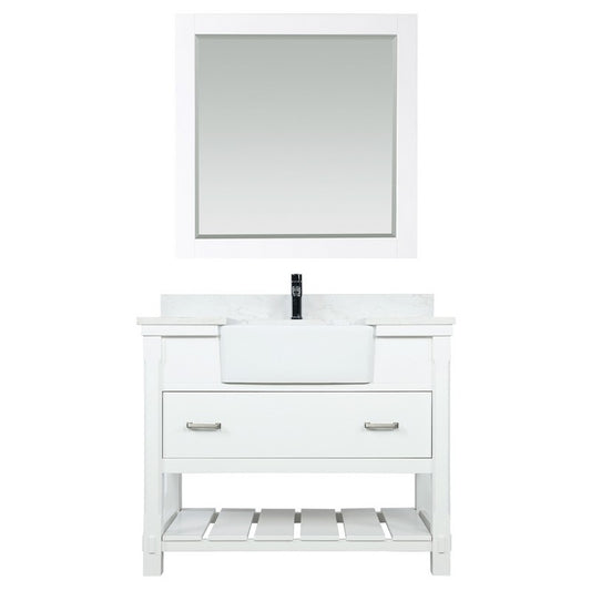Altair - Georgia 42" Single Bathroom Vanity Set in White and Composite Carrara White Stone Top with White Farmhouse Basin with Mirror | 537042-WH-AW