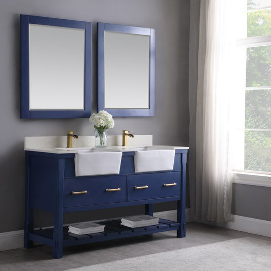 Altair - Georgia 60" Double Bathroom Vanity Set in Jewelry Blue/White and Composite Carrara White Stone Top with White Farmhouse Basin with Mirror | 537060-XX-AW