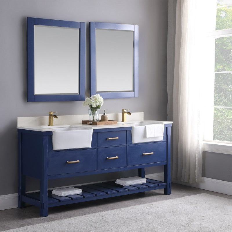 Altair - Georgia 72" Double Bathroom Vanity Set in Jewelry Blue/White and Composite Carrara White Stone Top with White Farmhouse Basin with Mirror | 537072-XX-AW